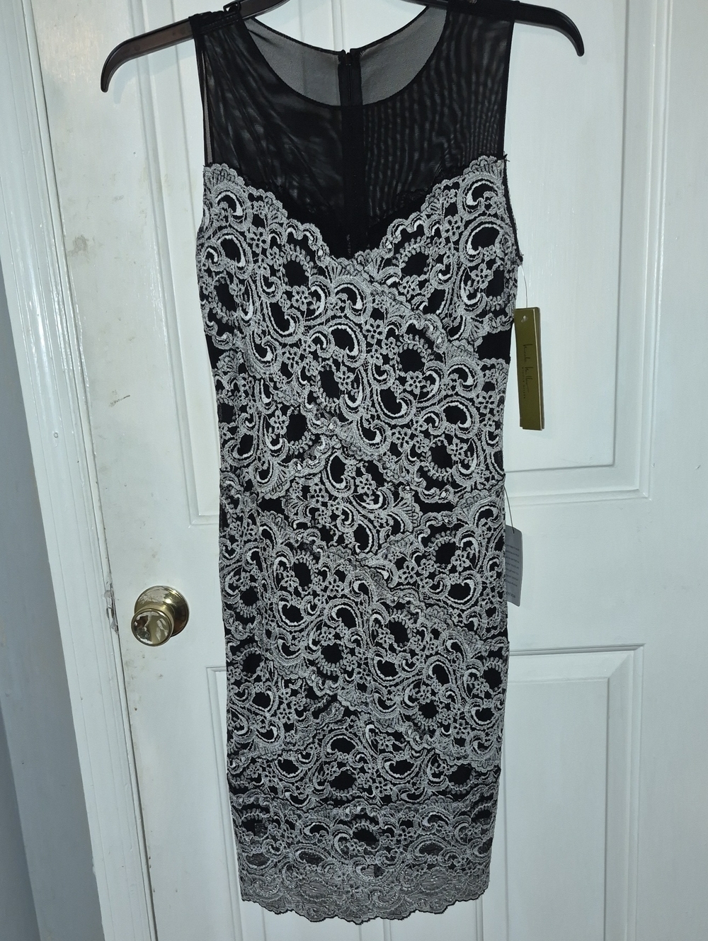 Nicole Miller Black Mesh Dress with White Lace Overlay Midi Size M